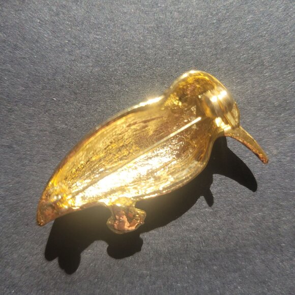 Vintage Gold-Tone & Green Enamel Bird Brooch With Rhinestone Accents 2 Inches Lo - Picture 4 of 5
